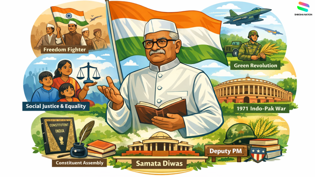 Babu Jagjivan Ram illustrated with symbols of Indian independence, social justice, Constitution, and Green Revolution