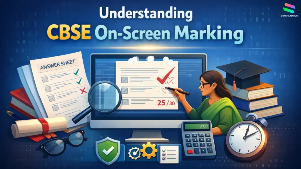 Illustration explaining CBSE on-screen marking system where Class 12 answer sheets are checked digitally by examiners on a computer screen.