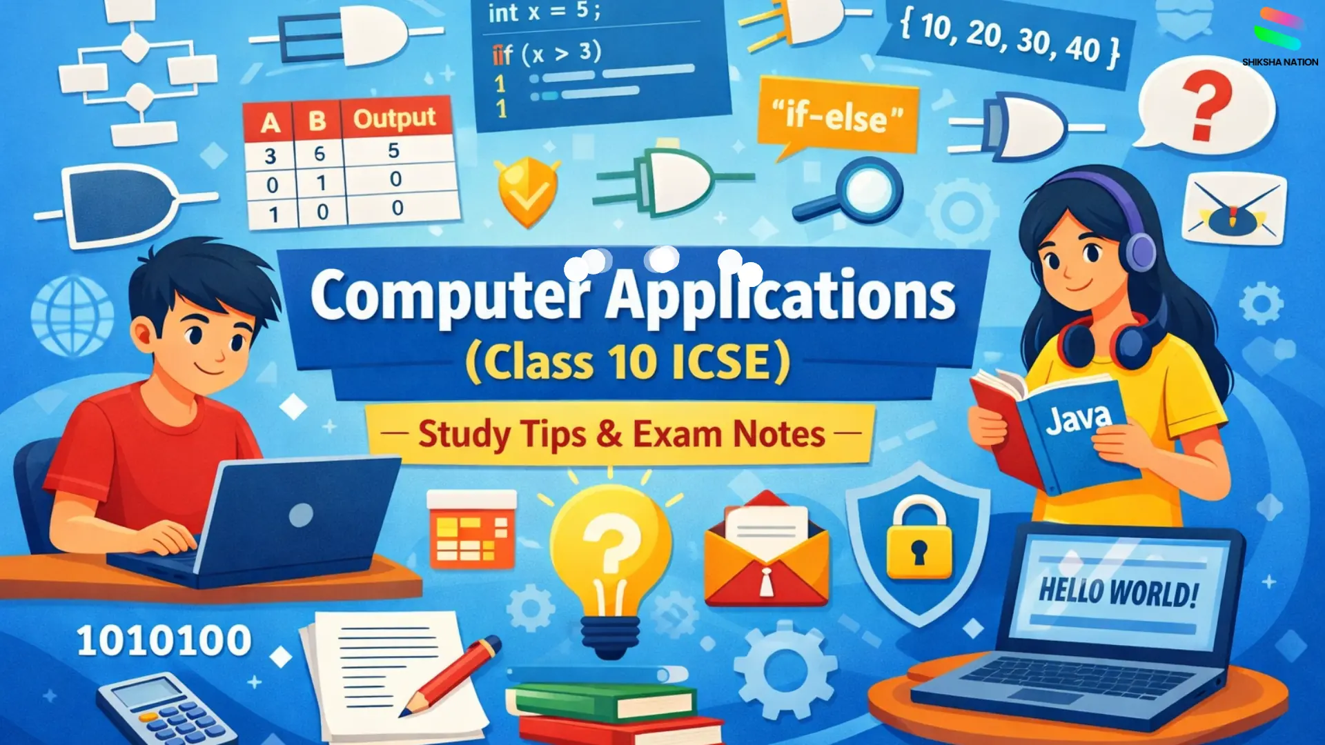 Computer Applications notes for Class 10 ICSE students showing Java programming, logic gates, number systems, and internet basics concepts