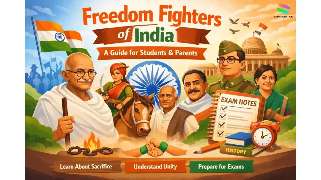 Illustration showing famous freedom fighters of India with exam notes, national symbols, and unity, designed for Class 6-10 students