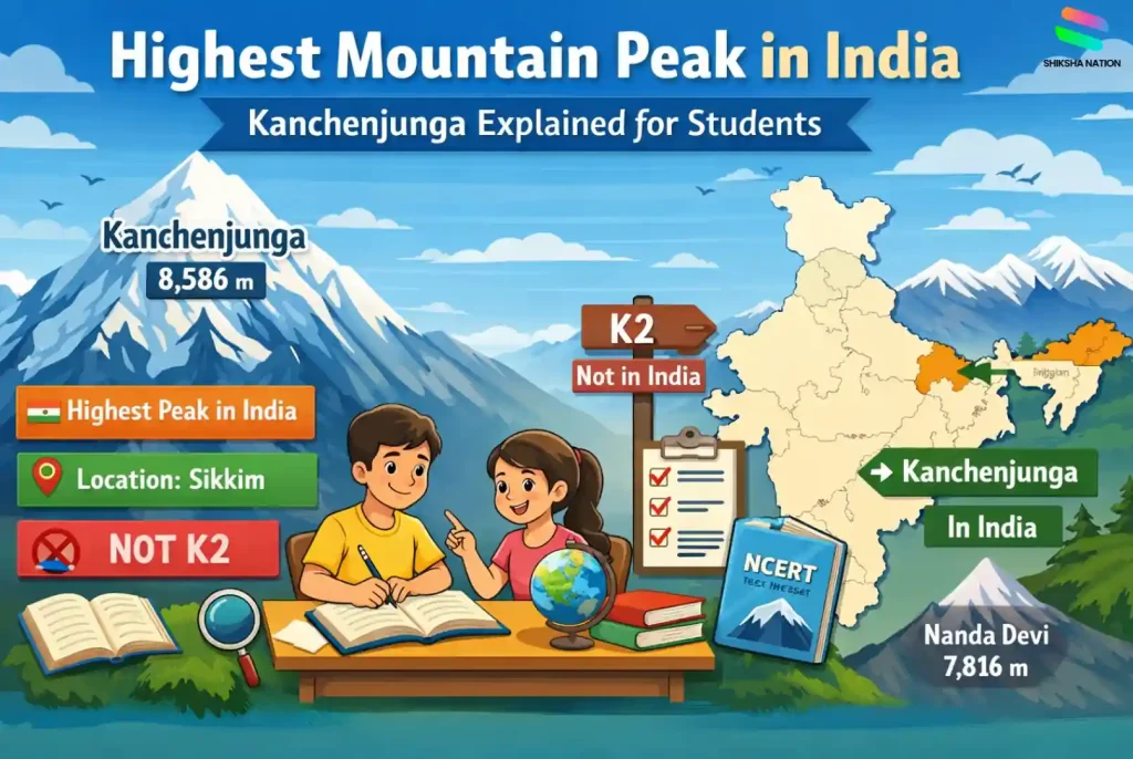Vector illustration showing Kanchenjunga, the highest mountain peak in India, located in the Himalayan range near Sikkim.
