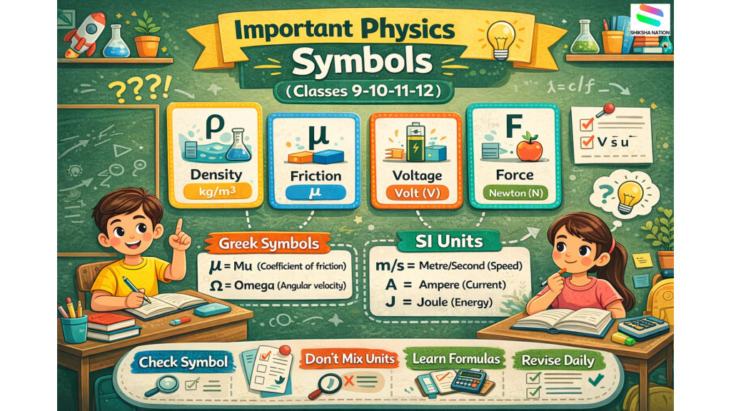 Physics symbols explained visually for Classes 9 to 12 students, showing common symbols, meanings, and SI units in a classroom learning context