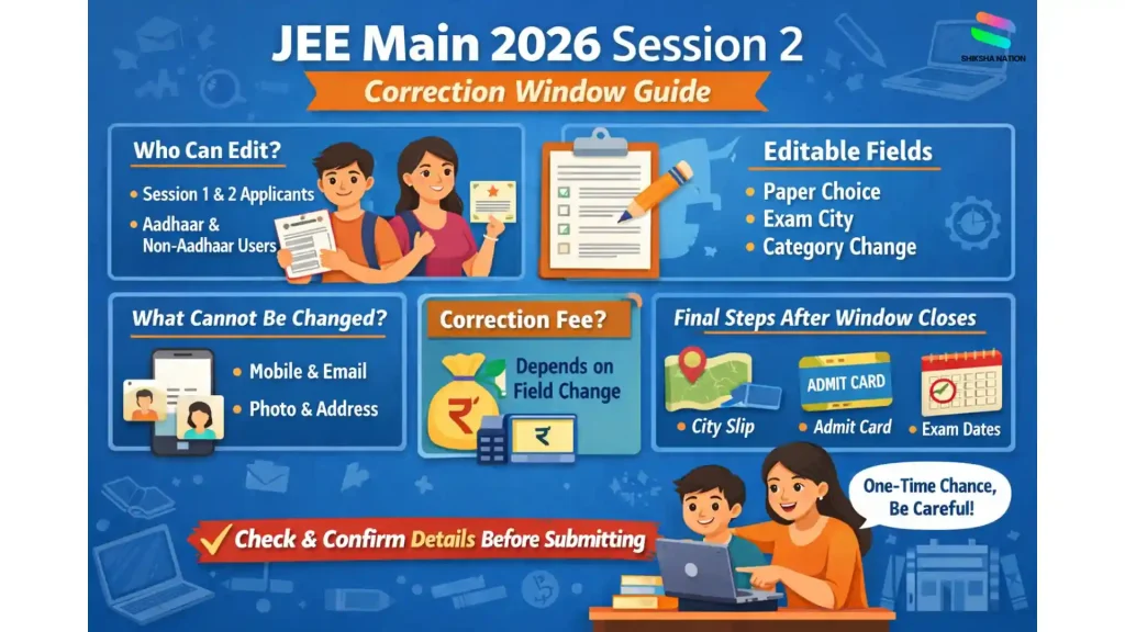 Illustration showing students checking JEE Main 2026 Session 2 correction window details like editable fields, dates, and form correction steps