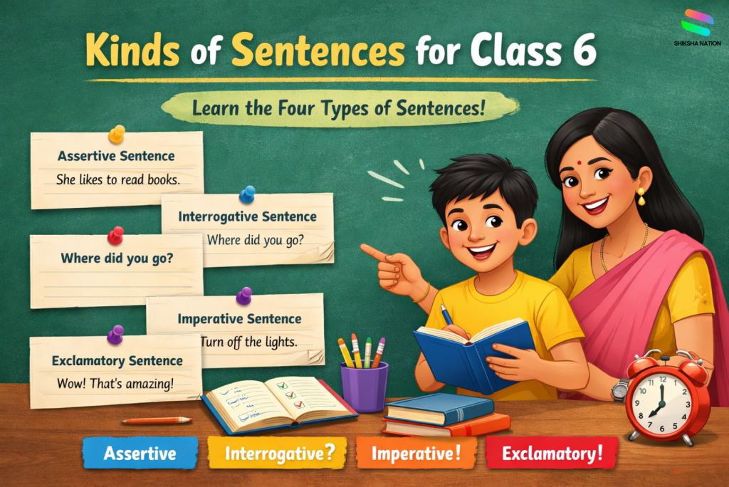 Illustration showing four kinds of sentences for Class 6 with examples, a student studying, and a parent guiding learning at home.