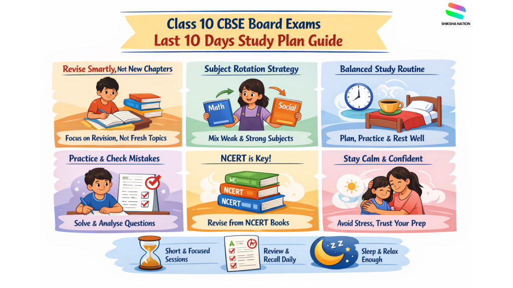 Student revising books and notes with a calm 10-day study plan for Class 10 CBSE board exams