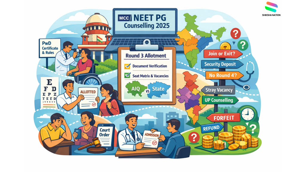 NEET PG 2025 Round 3 counselling process illustrated with MCC seat allotment, AIQ vs state counselling, PwD rules, document verification, and admission steps.