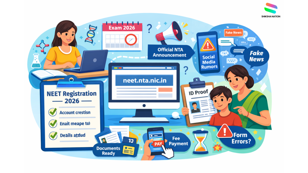 NEET registration form 2026 process showing student and parent checking official NTA website and documents