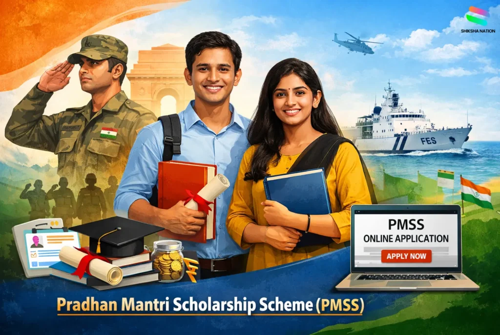 Students holding books and certificates with Indian Army and Coast Guard background representing Pradhan Mantri Scholarship Scheme (PMSS) for defence families in India