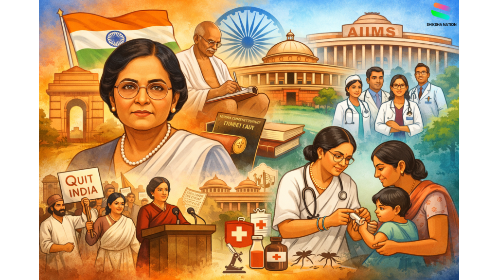 Illustration showing Rajkumari Amrit Kaur as India’s first Health Minister with scenes from the freedom movement, Constitution making, and AIIMS establishment