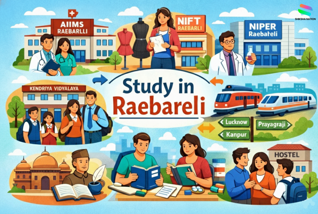 Illustration showing schools, colleges, AIIMS, NIFT, NIPER, students, and transport options highlighting education opportunities in Raebareli