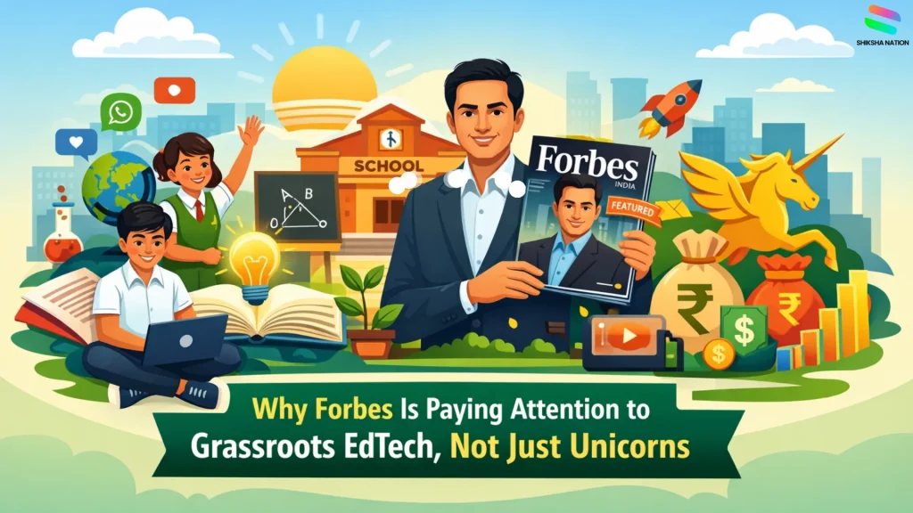 Illustration showing school students, teachers, and online learning symbols explaining why Forbes is focusing on Indian EdTech companies at school level