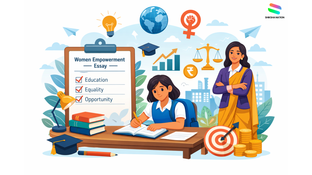 Student writing a women empowerment essay with symbols of education, equality, and opportunity