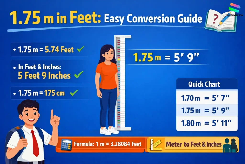 1.75 m in feet and inches conversion chart showing 5 feet 9 inches with formula and height comparison
