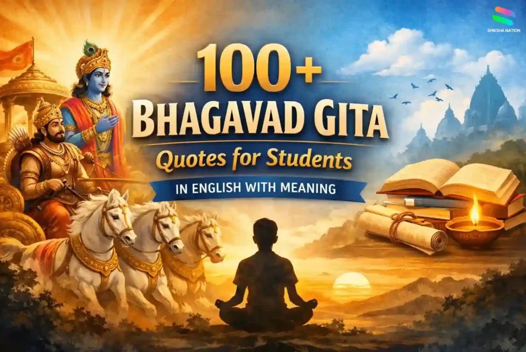 Student reading Bhagavad Gita quotes with Lord Krishna illustration, symbolising wisdom, focus, discipline, and motivation for study and life.
