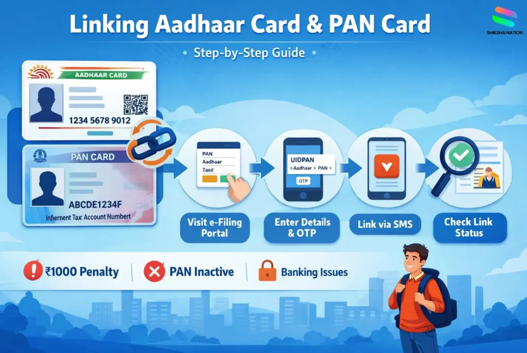 Step-by-step illustration showing how to link Aadhaar card with PAN card online and check PAN Aadhaar link status