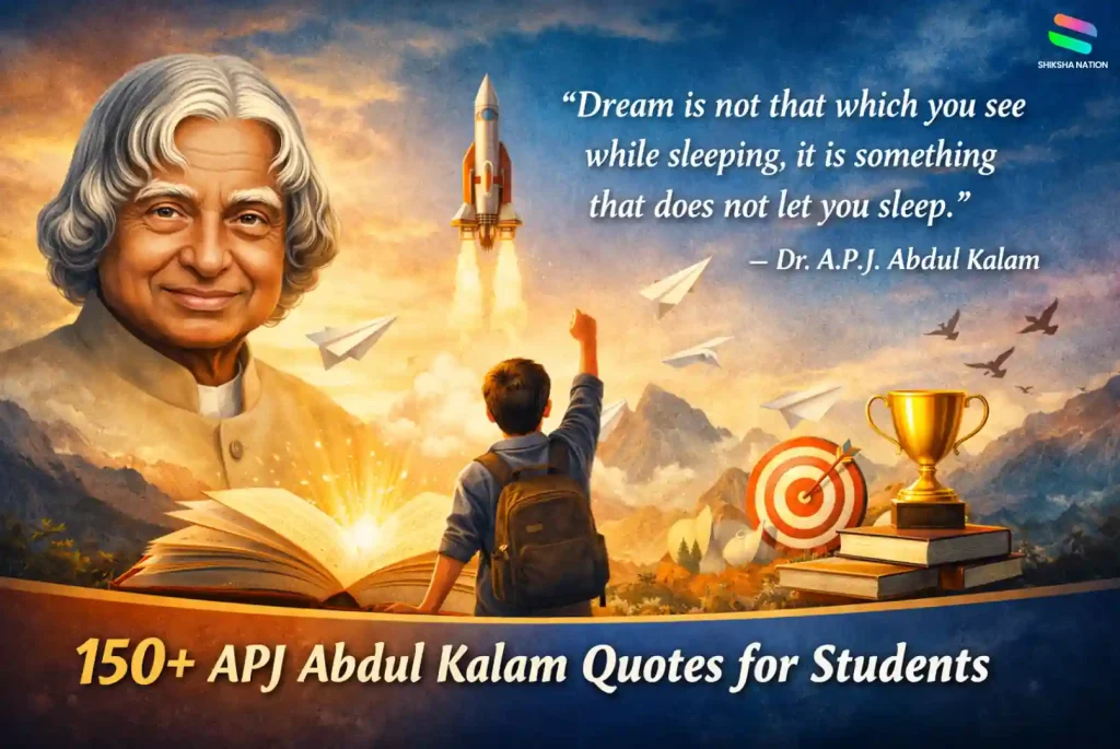 APJ Abdul Kalam quotes for students blog image with student, books, rocket, target and motivational theme