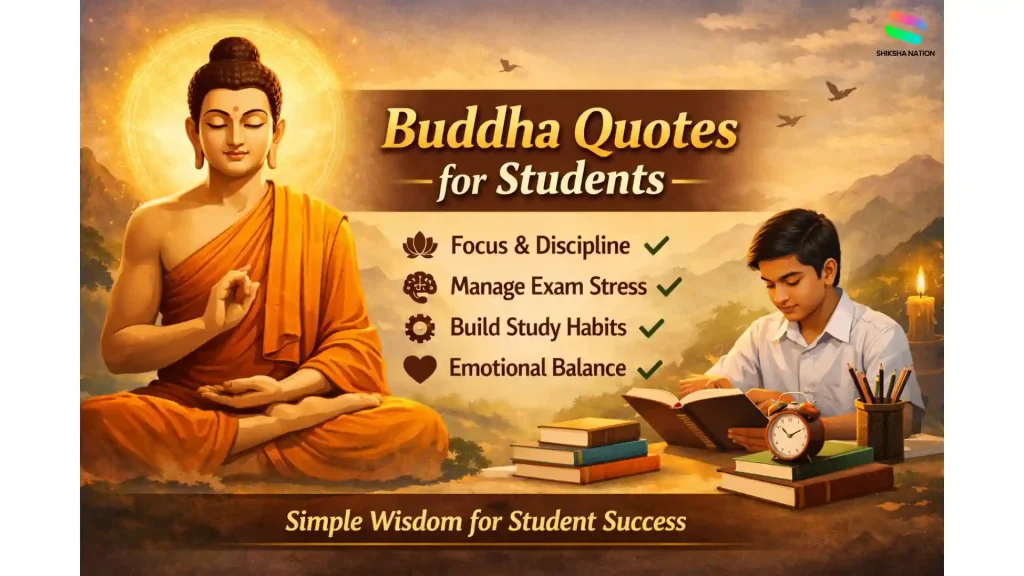 Student studying calmly with Buddha illustration representing peace, focus, and mindful learning