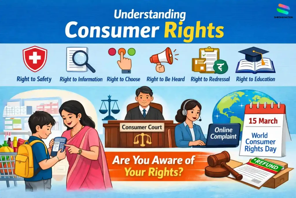 Illustration explaining consumer rights in India including six consumer rights, consumer court process, and World Consumer Rights Day on 15 March for student awareness.
