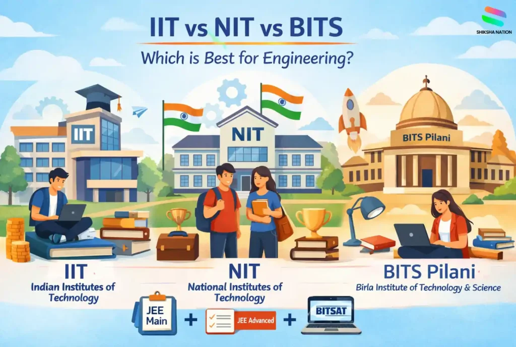Comparison infographic showing the difference between IIT, NIT and BITS including entrance exams, fees, and key features of these engineering colleges in India
