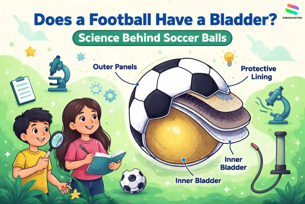 Vector diagram showing the structure of a football with outer panels, protective lining layers, and inner bladder that holds air inside the soccer ball.