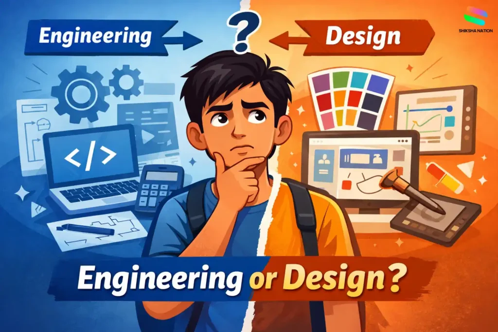 Student confused between engineering vs design career India, showing a split visual with engineering tools on one side and creative design elements on the other.