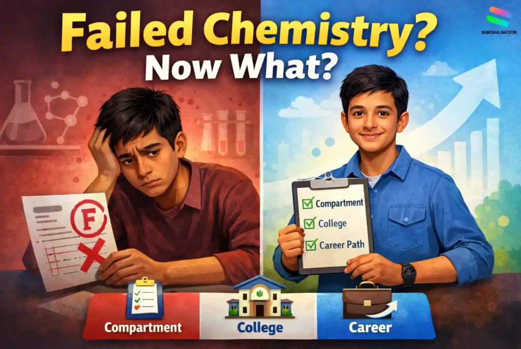 Failed chemistry exam what to do concept showing a student confused after exam and then finding solutions like compartment exam and college options