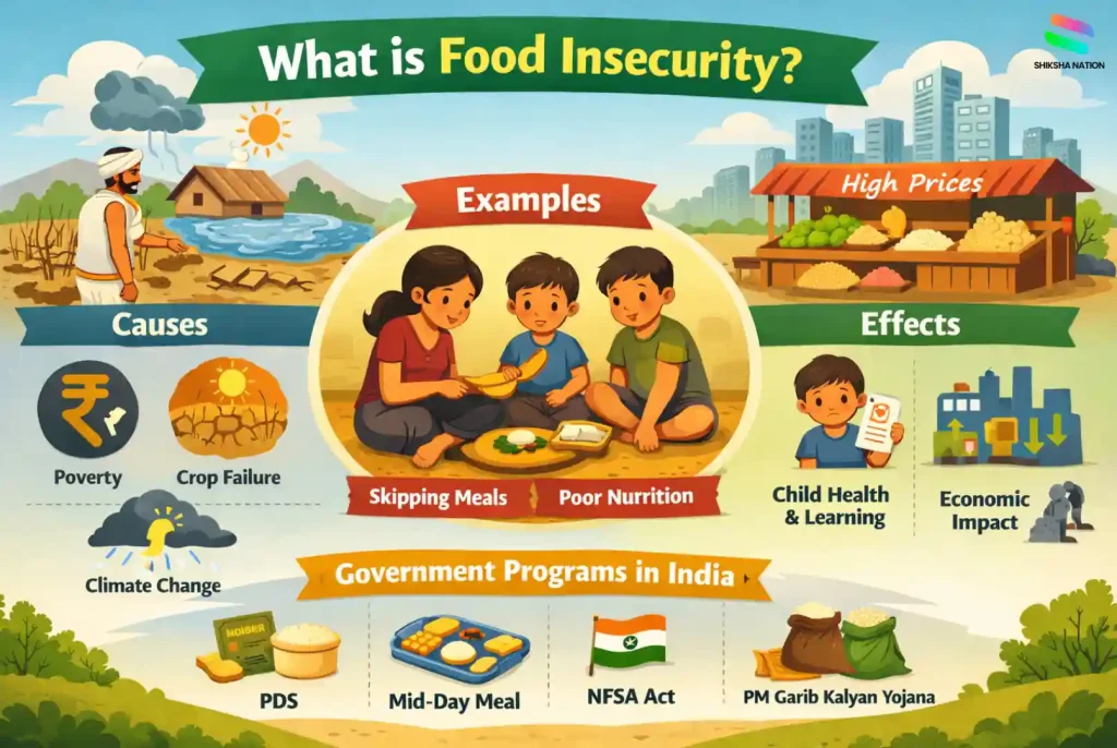 Vector illustration explaining the definition of food insecurity with causes, examples, effects, and government programs in India.