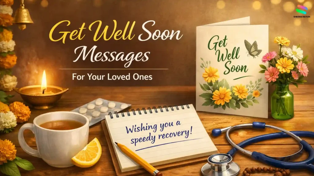 Get well soon messages blog image with greeting card, flowers, tea, notebook, and medical items in a warm comforting setup