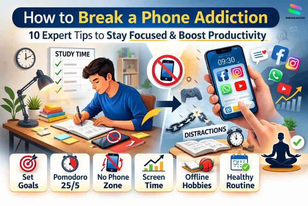 Student studying at desk with phone kept away and tips showing how to break phone addiction and stay focused on studies.