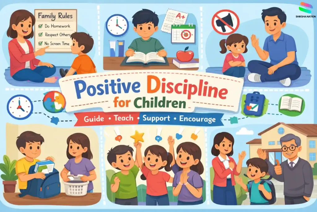 Parents teaching children discipline through family rules, study routine, positive behaviour guidance and supportive parenting at home
