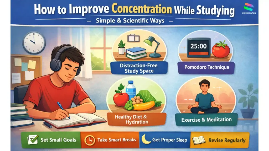Student studying with focus using Pomodoro technique, healthy habits, and distraction-free environment to improve concentration while studying