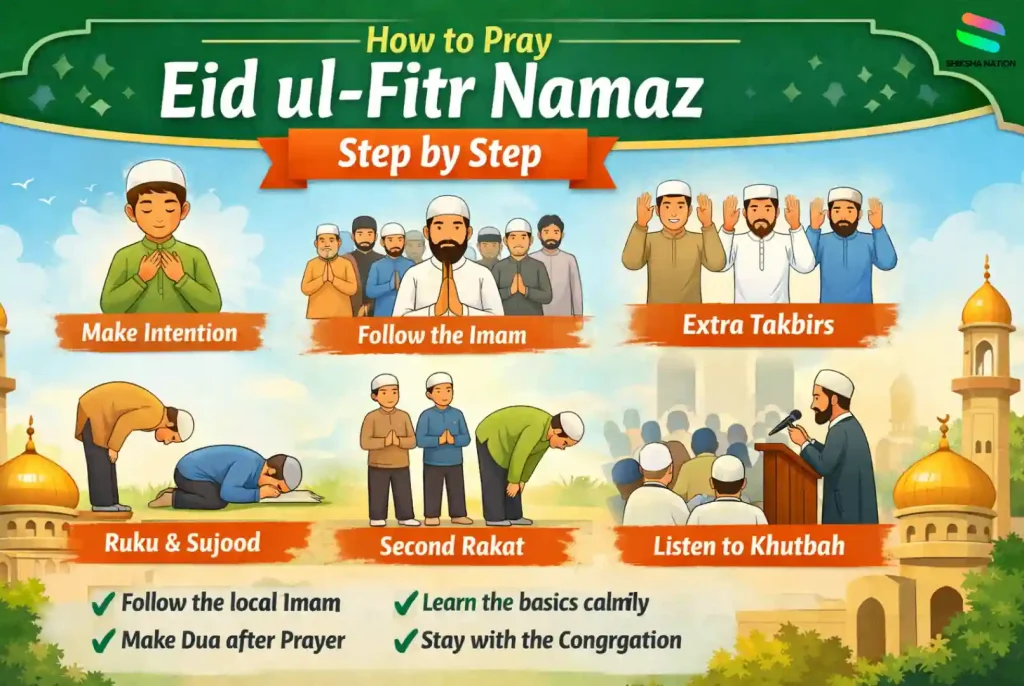 Step-by-step Eid ul-Fitr namaz guide illustration showing intention, following the imam, extra takbirs, ruku, sujood, second rakat, and listening to the khutbah.