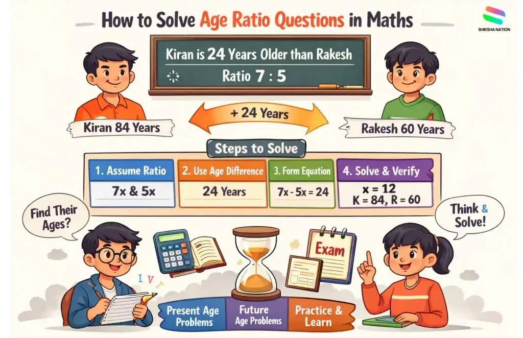 Step-by-step example showing how to solve age ratio questions in maths where Kiran is 24 years older than Rakesh using ratio and equation method.