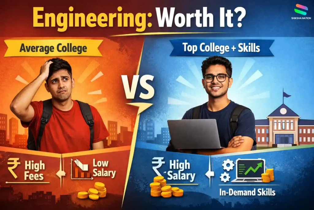Split comparison image showing whether engineering is worth it in 2026 India with student outcomes based on college, skills, and salary potential