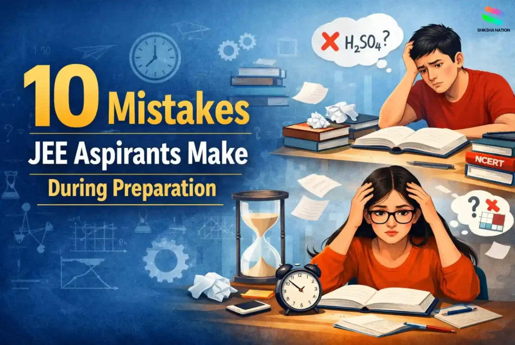 Illustration showing a stressed JEE aspirant surrounded by books, highlighting common JEE preparation mistakes students make during exam preparation