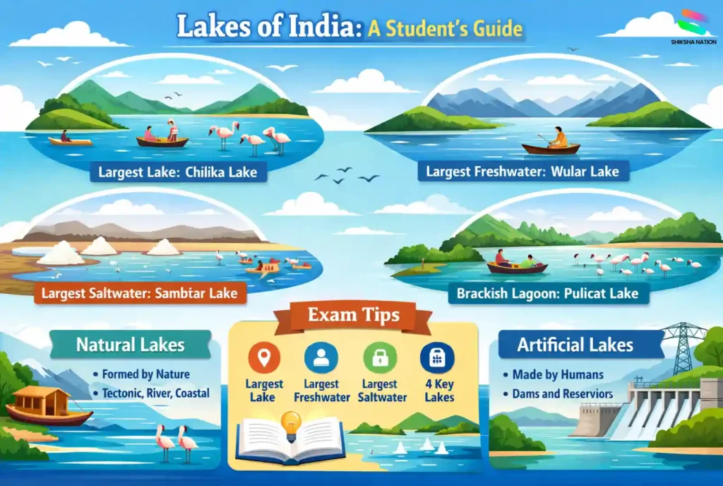 Illustrated infographic showing major lakes of India including Chilika Lake, Wular Lake, Sambhar Lake, and Pulicat Lake, with lake types explained for school students