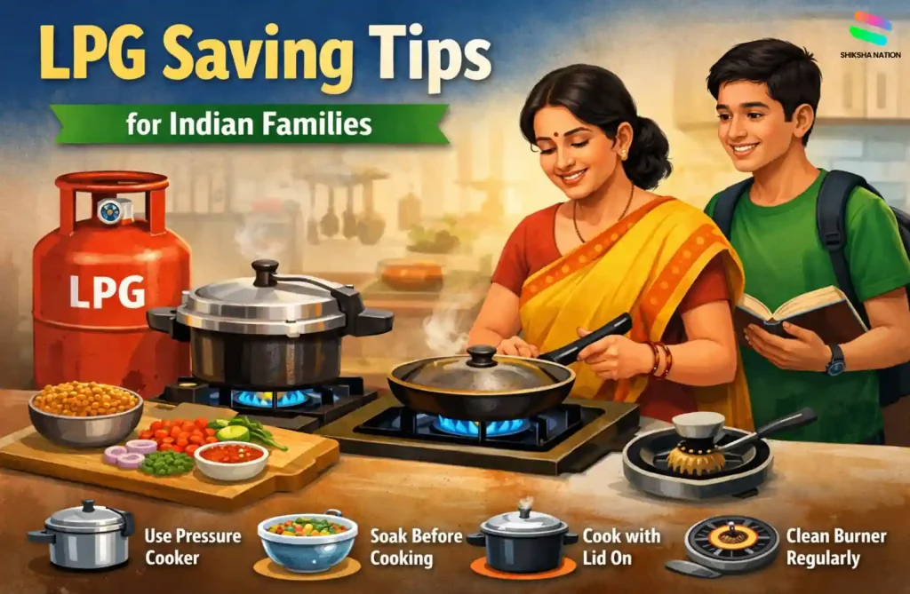 Indian family in a kitchen using practical LPG saving habits like pressure cooker cooking, lid-on cooking, and proper flame control