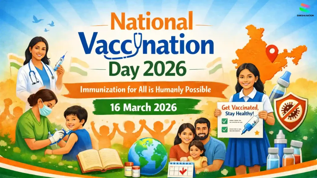 Illustration showing National Vaccination Day 2026 in India with a doctor vaccinating a child, students promoting vaccination awareness, and the date 16 March 2026.