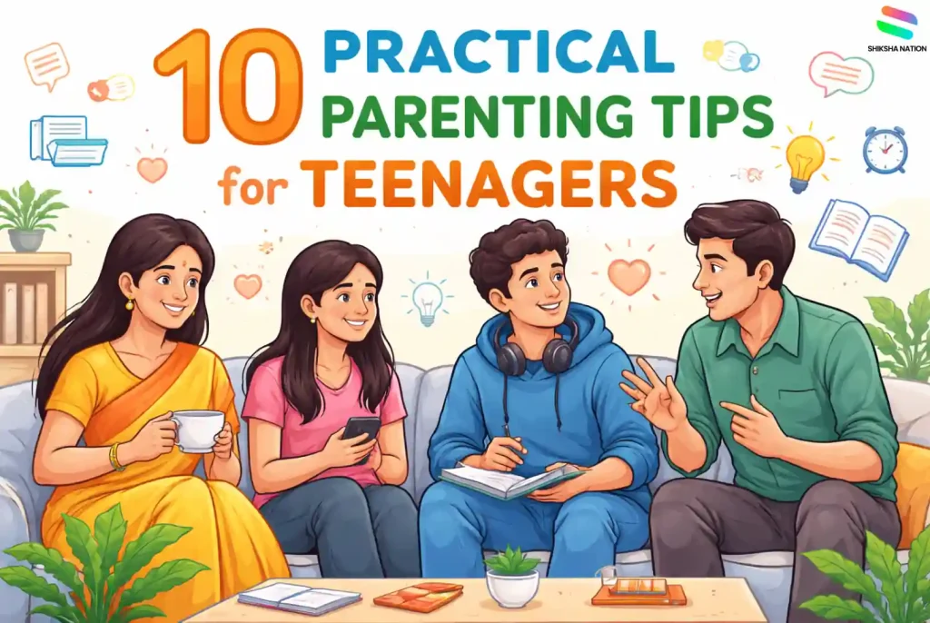Illustration of Indian parents talking with teenage children about studies, habits and life guidance representing parenting tips for teenagers.