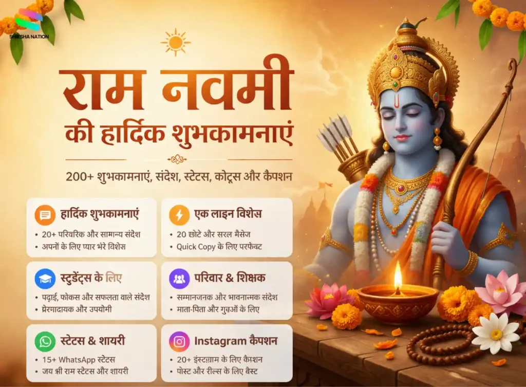 राम नवमी 2026 की शुभकामनाएं इमेज जिसमें भगवान राम, मंदिर, पूजा और भक्तों के साथ संदेश और कोट्स दिखाए गए हैं