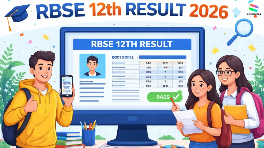 Students checking RBSE 12th Result 2026 online with marksheet displayed on screen