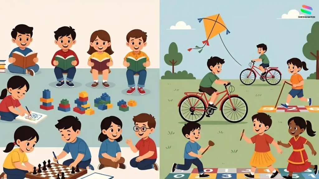Screen-free activities for kids including reading books, drawing, playing chess, cycling, kite flying, hopscotch and traditional Indian games