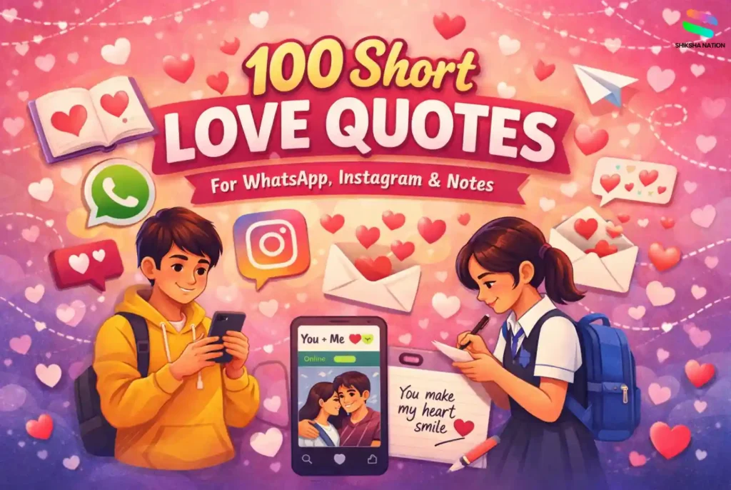 Vector image for a blog on 100+ short love quotes for WhatsApp status, Instagram captions, and notes, showing two students with a phone, handwritten note, hearts, and social media icons