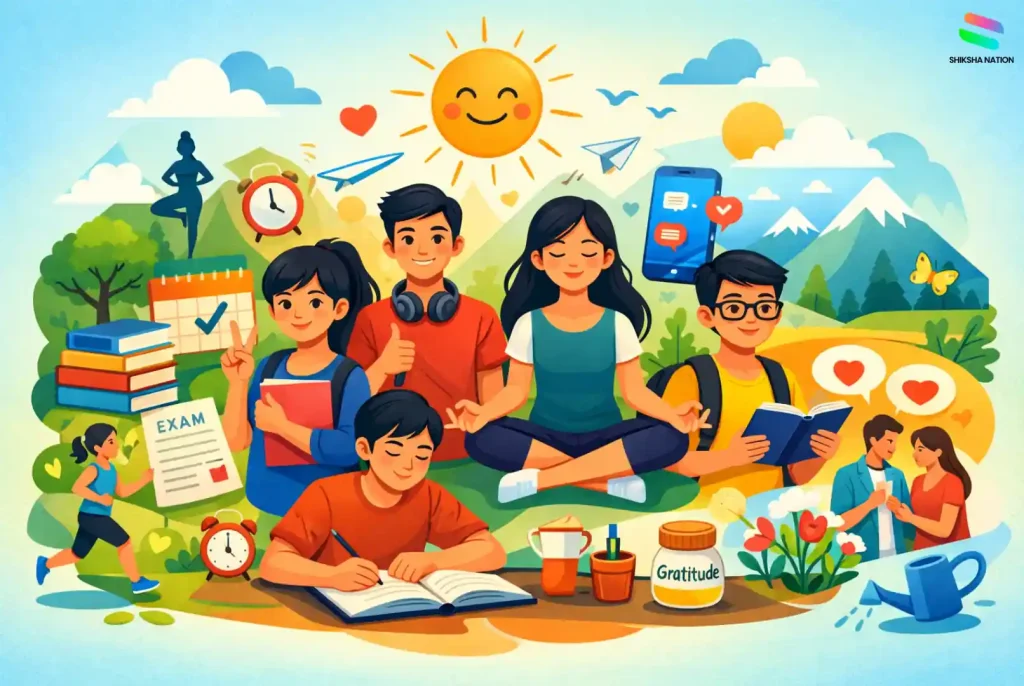 Students practising healthy habits like studying, meditation, exercise, and spending time outdoors to stay happy and mentally balanced during student life.