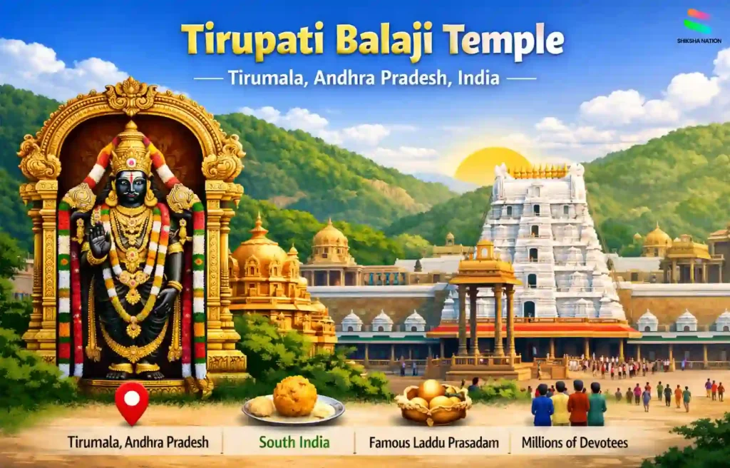 Tirupati Balaji Temple in Tirumala Hills Andhra Pradesh with Lord Venkateswara idol and temple view