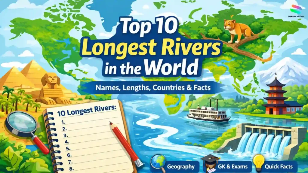 Vector illustration for a geography blog showing a world map, flowing river paths, learning icons, and the title “Top 10 Longest Rivers in the World”.