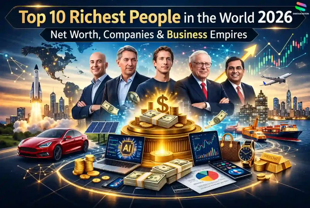 Top 10 richest people in the world 2026 image showing global billionaires, wealth symbols, business empires, and finance-themed visuals