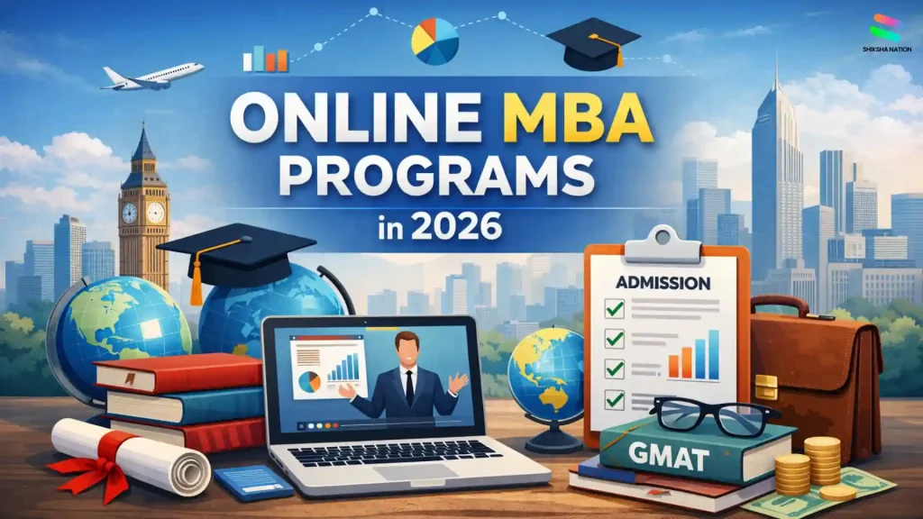 Student attending an online MBA class on laptop with global university icons and business analytics charts