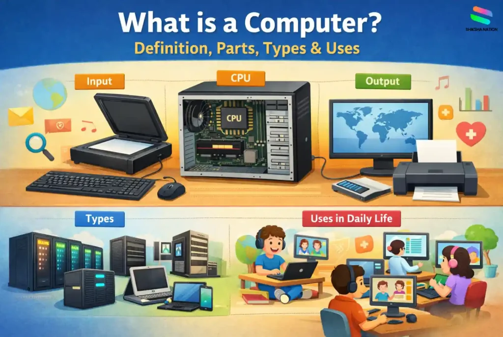 Educational illustration explaining what a computer is, showing input devices, CPU, output devices, types of computers, and uses of computers in daily life for students.