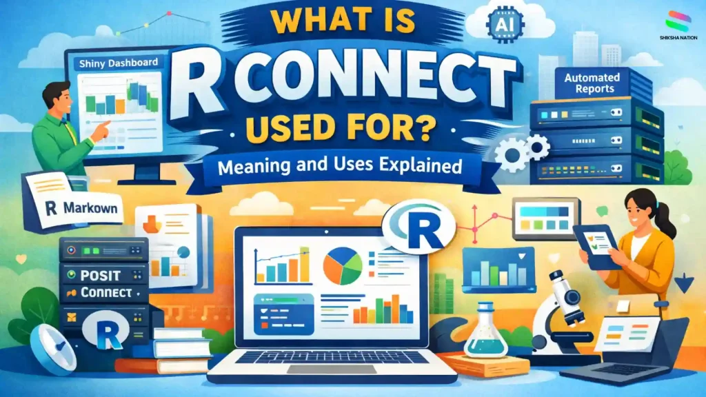 Illustration explaining what R Connect is used for in data science including dashboards, reports, and analytics tools.